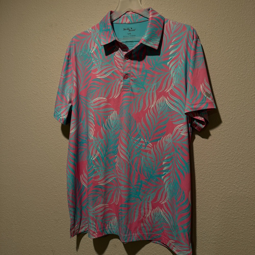 Birdie & Bound Mens L G Tropical Palm Leaf Golf Polo‎ Shirt Pink Teal - Picture 3 of 4